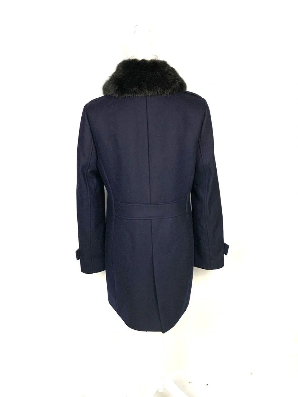 J Crew Women 8 Melton Wool Coat Faux Fur Collar Gold Crest Buttons Navy Overcoat
